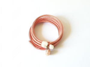 Spiral multi-wire rigid  pink silk bracelet with rock crystal, rose quartz and amethyst