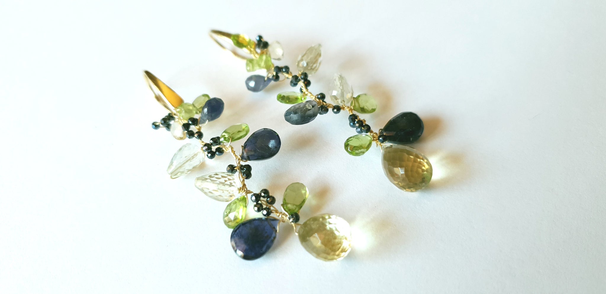 Pendant earrings with lemon quartz, iolite, peridot, prasiolite, blue spinel