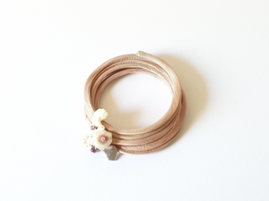 Spiral rigid multi-strand silk bracelet with rose quartz, keshi pearls, amethyst