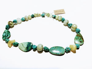 Necklace with turquoise, chrysocolla, jadeite, yellow opal